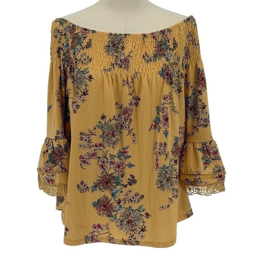 Haute Project Floral Off Shoulder Blouse Mustard Smocked Lace Trim 1XL
